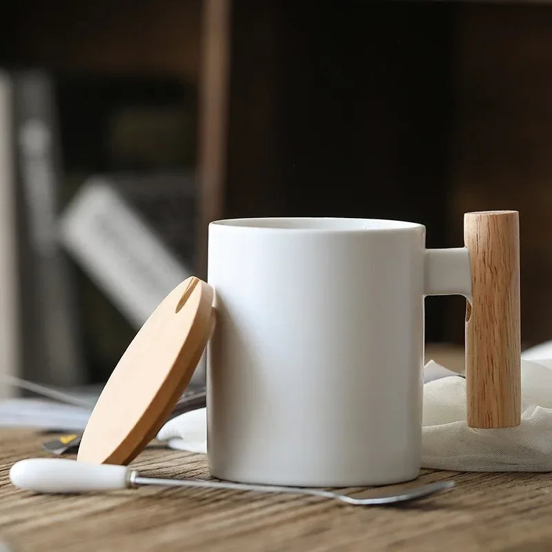 Axyaa Ceramic Wooden Handle Coffee Cup Set with Lid, Spoon - 310ml