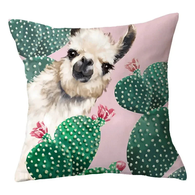Axyaa Alpaca and Cactus Pattern Pillowcase for Home Sofa Decoration