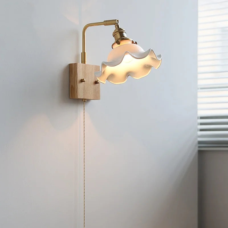 Axyaa White Ceramic LED Wall Lamp, Warm Light, Nordic Modern Round Flower Shade