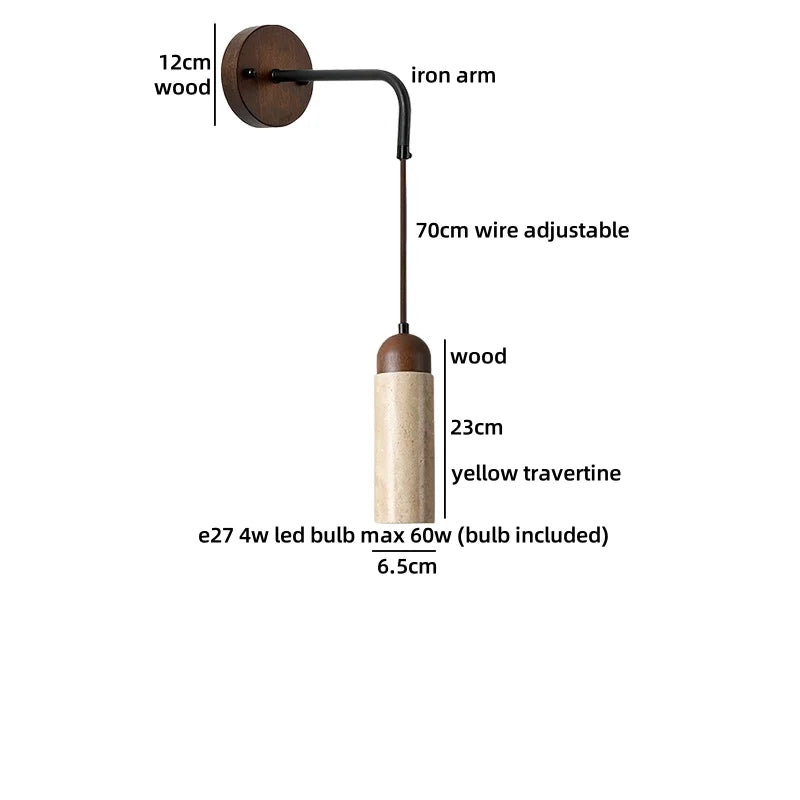 Axyaa Yellow Travertine Stone LED Wall Lamp Interior Wabi Sabi Pull Chain Switch