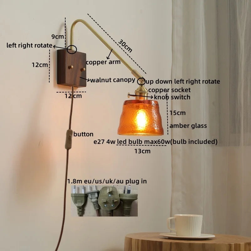 Axyaa LED Wall Lamps: Modern Style for Bedroom, Bathroom, Living Room, Walnut Copper Fixtures