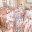 Axyaa Seersucker Ruffle Bedding Set - King/Queen Solid Color Princess Style Cotton Comforter Cover