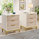 Axyaa White/Gold Light Wood Grain Nightstands with 3 Drawers Tables