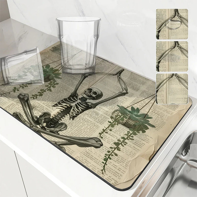 Axyaa Halloween Skeletons Drying Mat Absorbent Tableware Bathroom Kitchen Skeleton Hide Stain