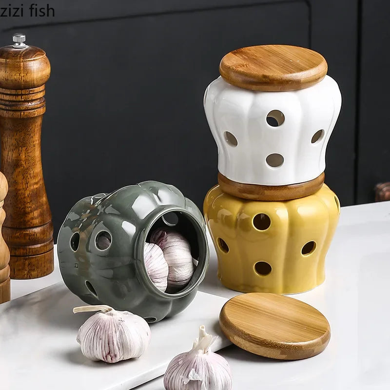 Axya Ceramic Garlic Ginger Jar with Wooden Lid Home Kitchen Organizer Container