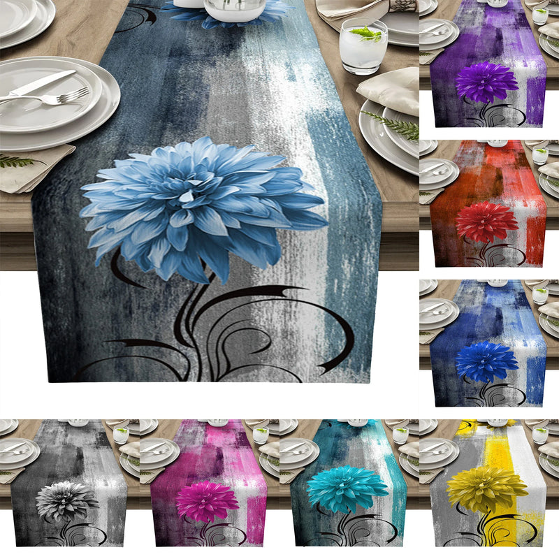 Axyaa Blue Dahlia Oil Painting Table Runner - Home Dinner Table Decor