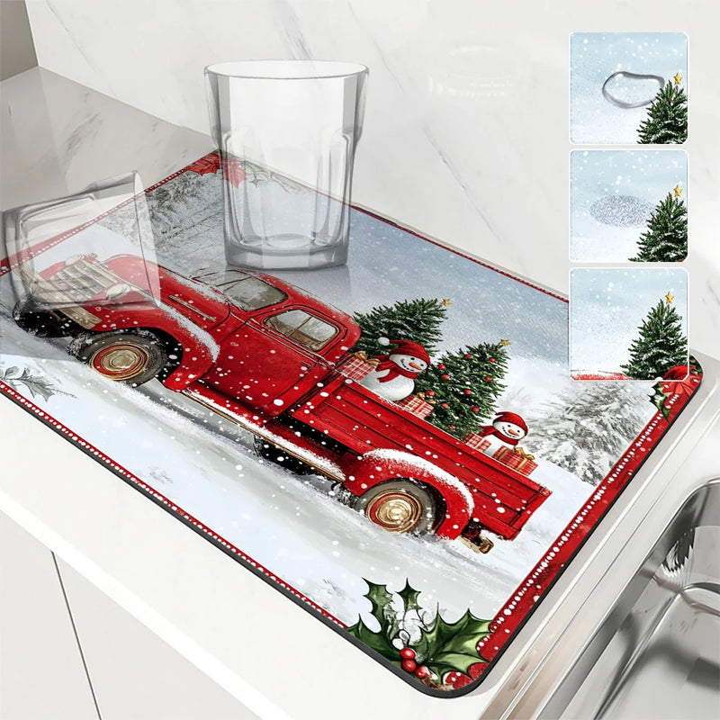 Axyaa Christmas Snow Kitchen Mat: Absorbent, Antiskid, Quick Dry, Draining, Tableware Mat