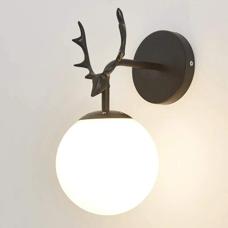 Retro Antlers Glass Ball Wall Lamp for Background Corridor with LED Lighting Night Light