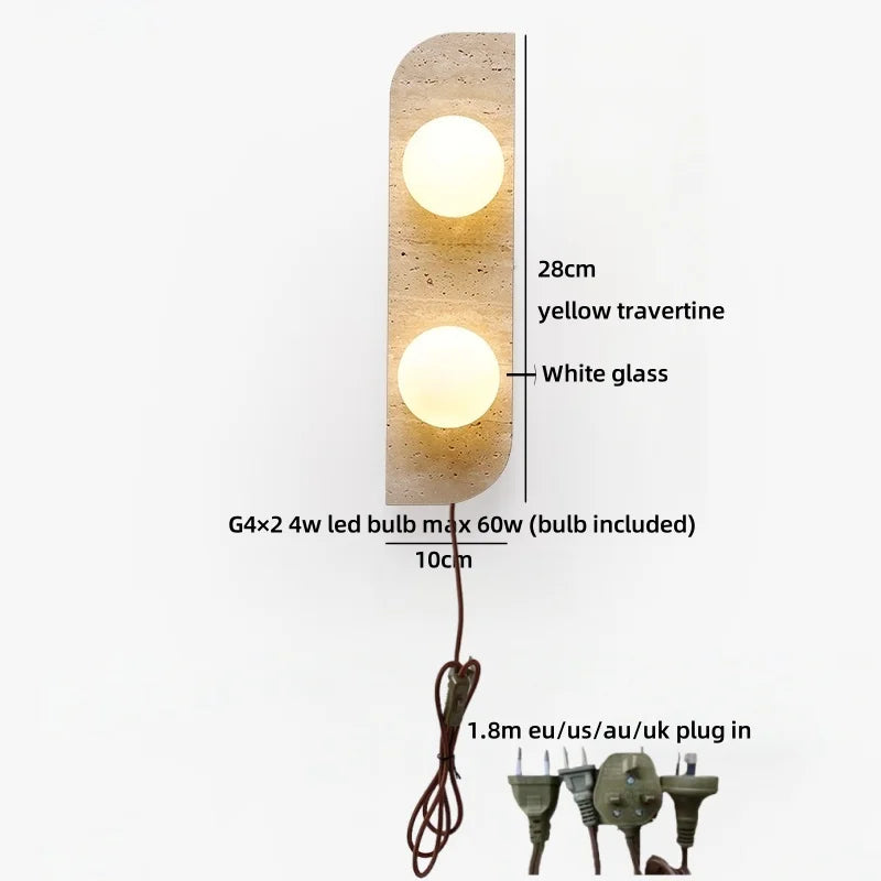 Axyaa White Glass Ball LED Wall Lamp Yellow Travertine Modern Bathroom Mirror Light