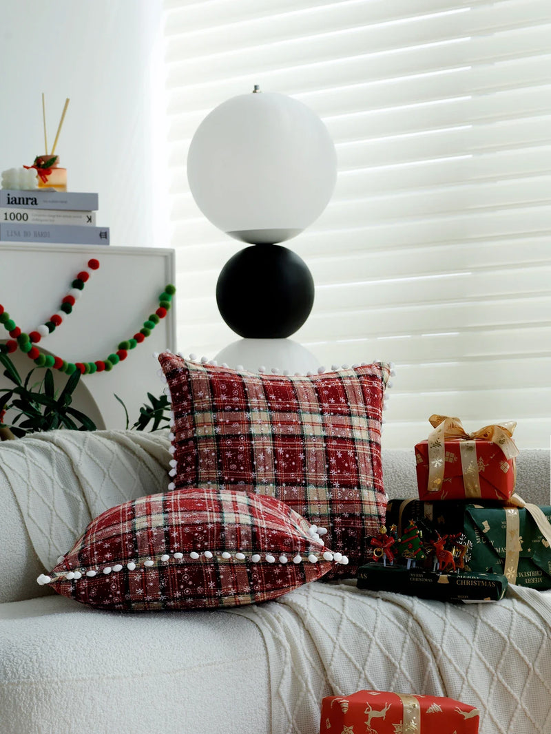 Axyaa Christmas Ball Plaid Pillow Cover 45x45cm - Soft Decorative Atmosphere Pillowcase