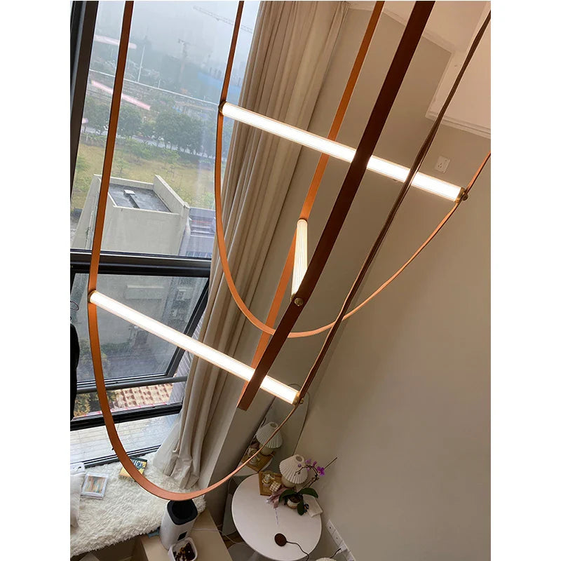 Axyaa Leather Belt Chandelier: Modern Glass Tube Designer Lighting for Living Room