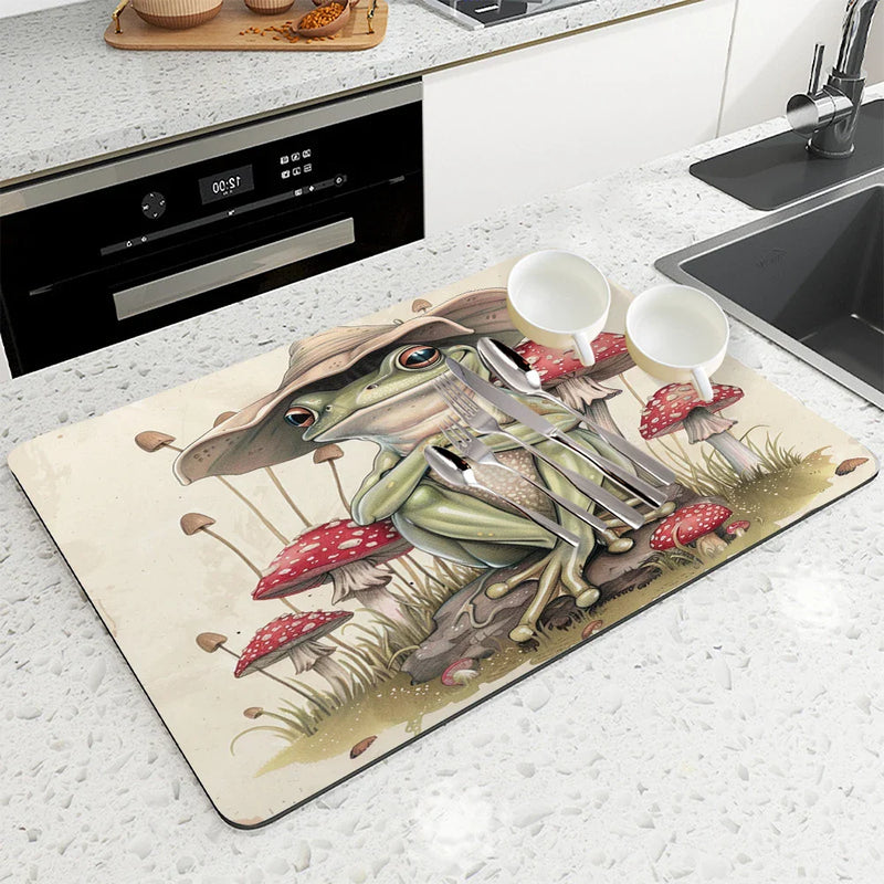 Axyaa Watercolor Frog Mushroom Kitchen Drying Mat
