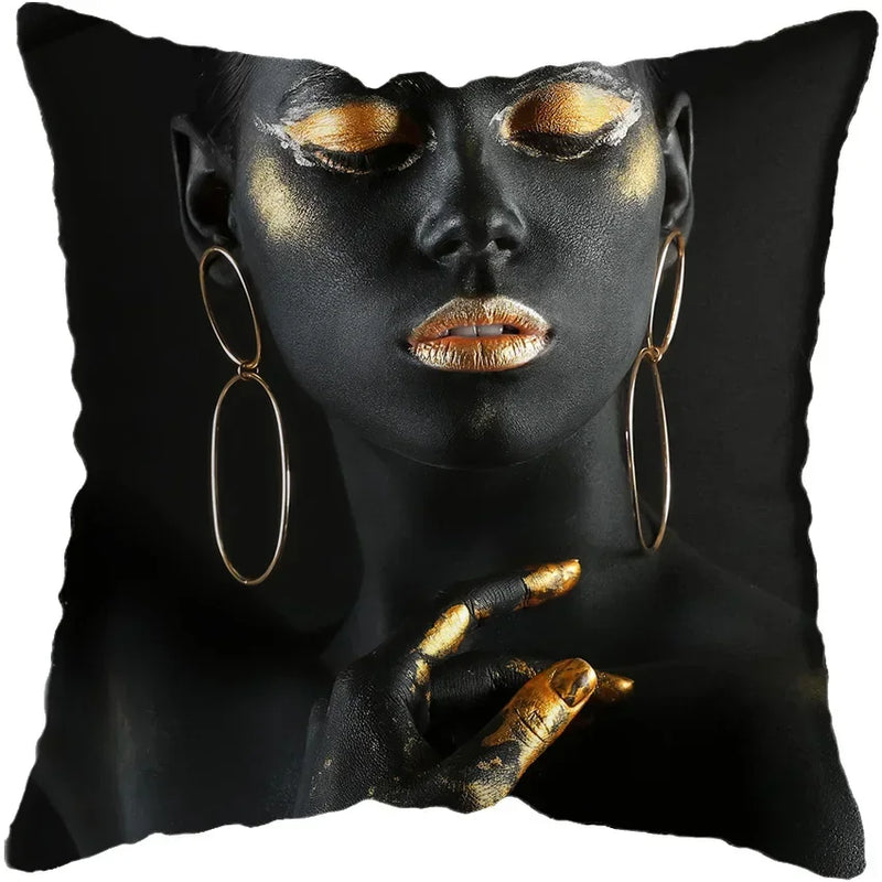 Axyaa Black Gold African Lady Woman Art Deco Pillowcase