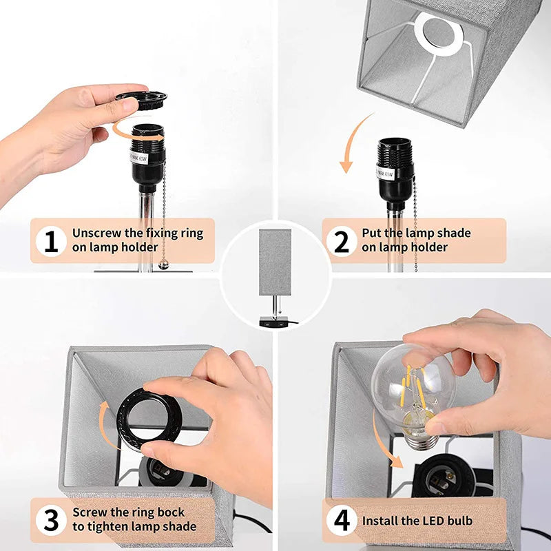 Axyaa USB Table Lamp with Pull Chain and Grey Fabric Shade