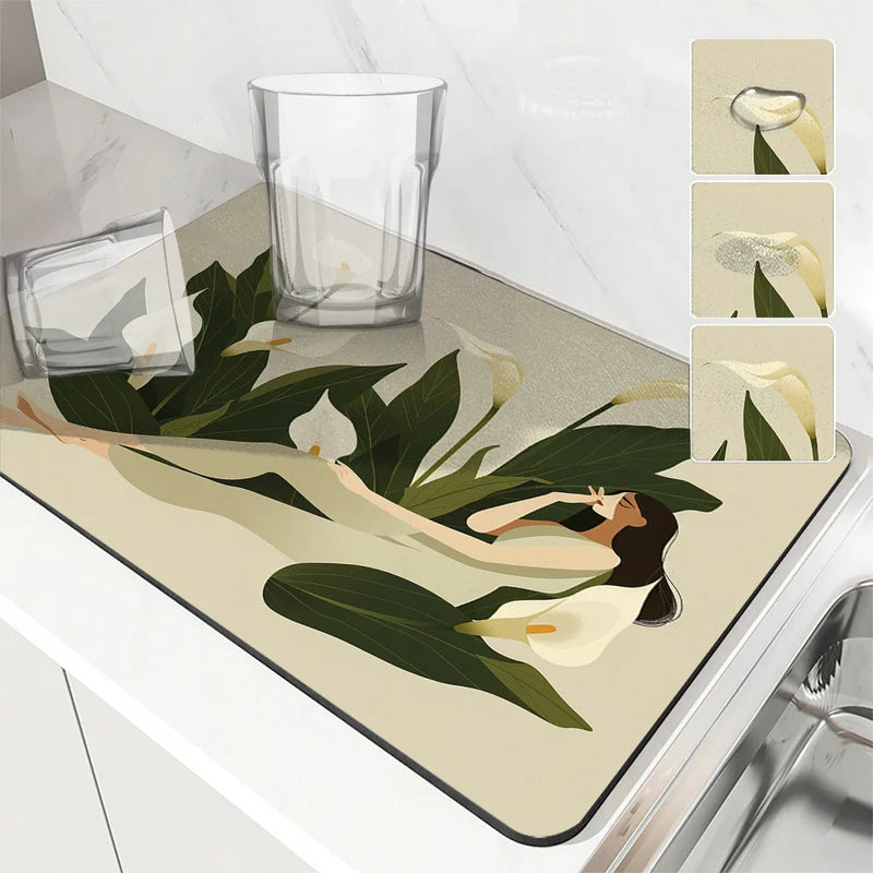 Axyaa Flower Desk Drain Pad Non-slip Kitchen Dish Drying Mat