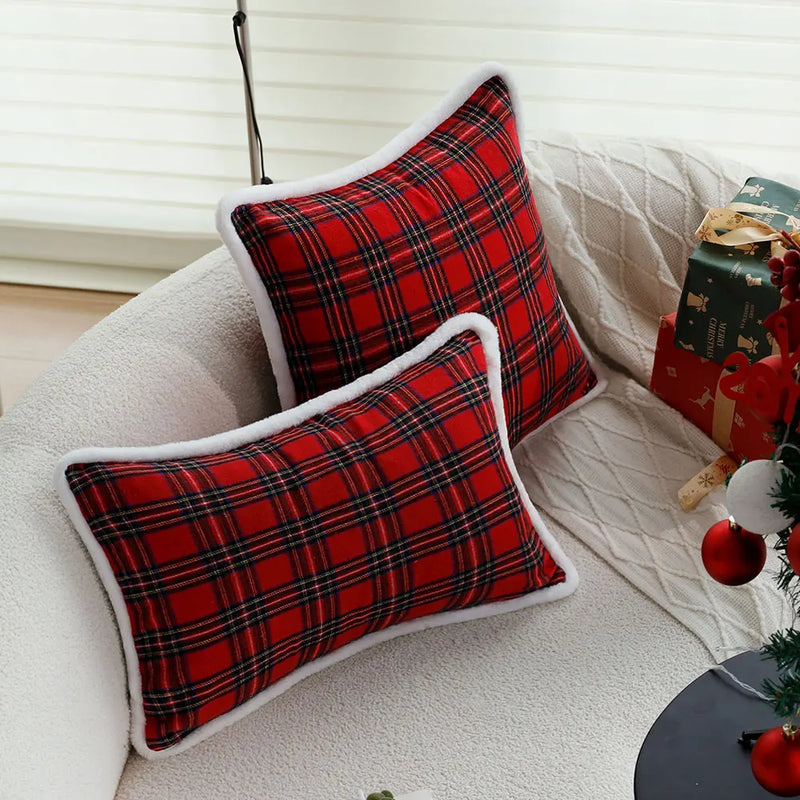Axyaa Red Plaid Cushion Cover with White Plush Edge for Living Room and Bedroom