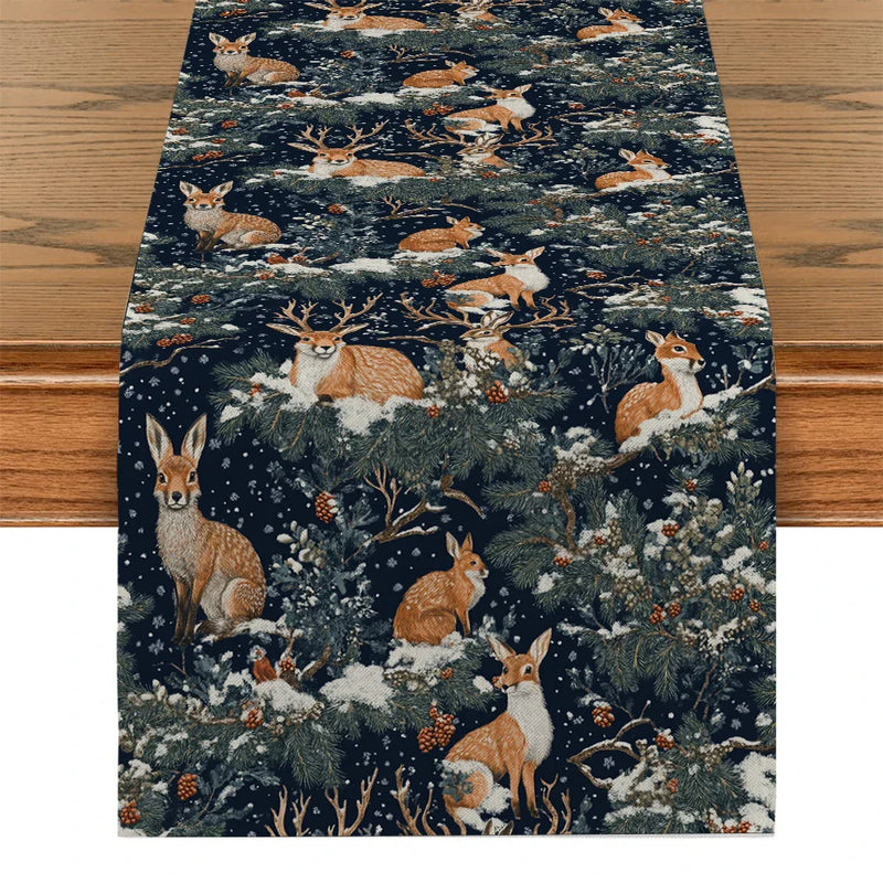 Axyaa Christmas Tree Deer Fox Table Runner for Dining Room