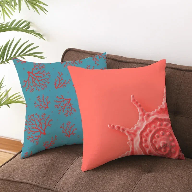 Axyaa Starfish Stripe Print Cushion Cover | Pink Coral Orange Home Decor Pillow Cover