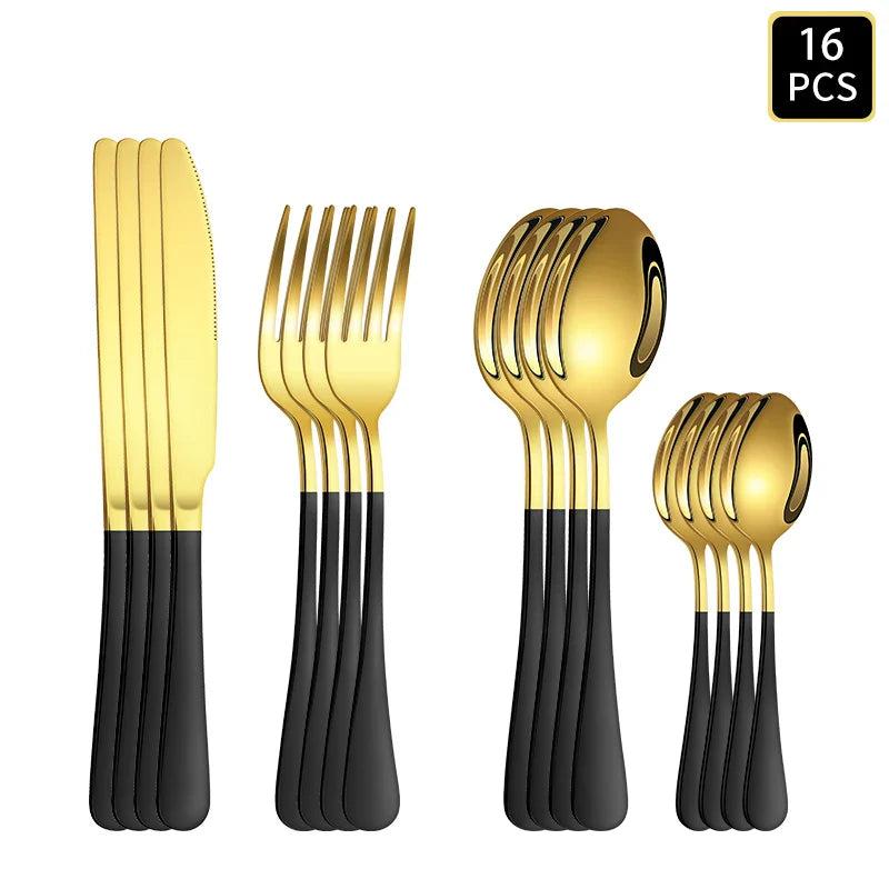 Axyaa 24-Piece Gold & Black Stainless Steel Cutlery Set