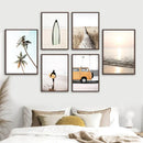 Axyaa Surfboard Coconut Tree Wall Art Poster Set for Chic Living Room Decor