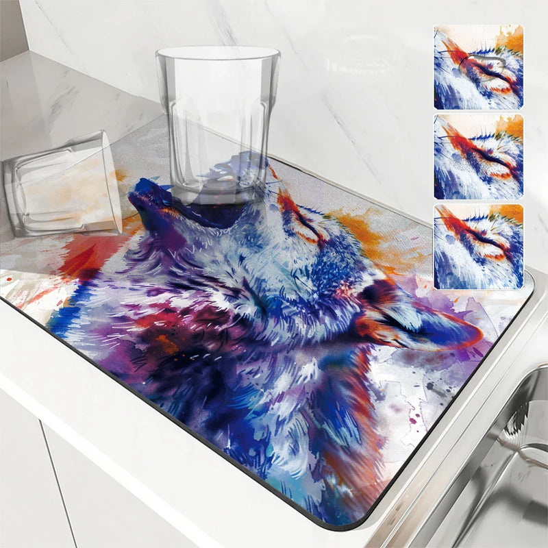 Axyaa Wolf Kitchen Drying Mat: Absorbent Placemat for Cup Drying & Table Decoration