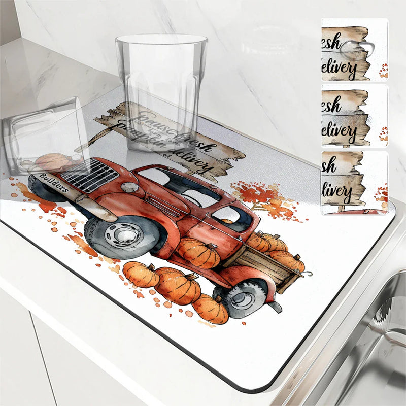 Drying Mat for Fall Vibes: Autumn Truck & Pumpkin Non-Slip Absorbent Mat by Axyaa