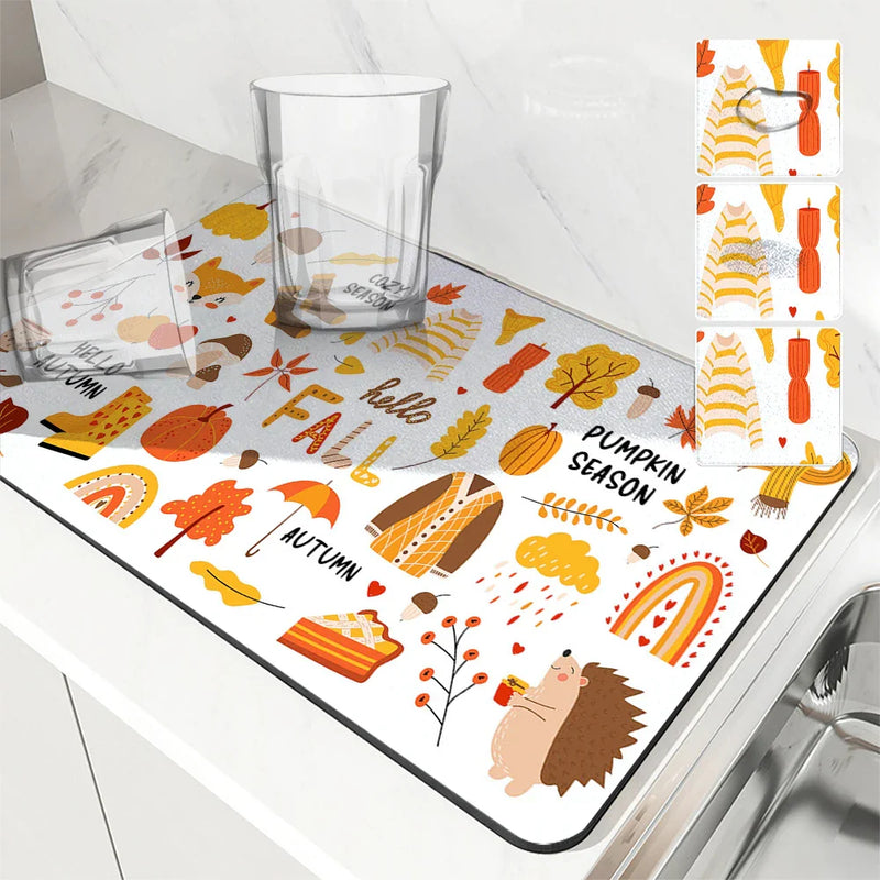 Autumn Harvest Maple Leaves Kitchen Drying Mat by Axyaa