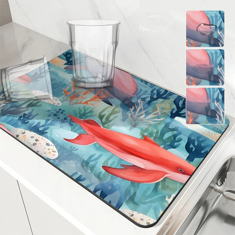 Axyaa Marine Whales Desk Drain Pad, Heat Resistant Non-slip Kitchen Drying Mat