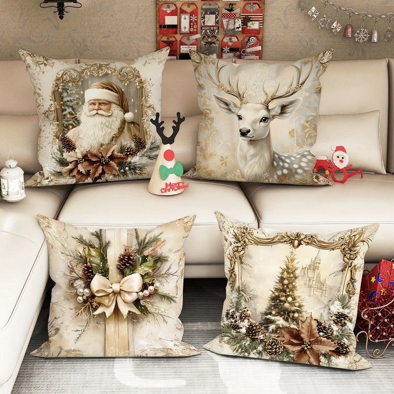 Axyaa Christmas Pillowcase Set for Home Decor - Santa Claus Reindeer Tree Design