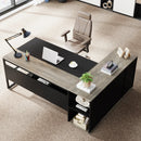 Axyaa 71" Executive L-Shaped Desk with Cabinet Storage and Shelves
