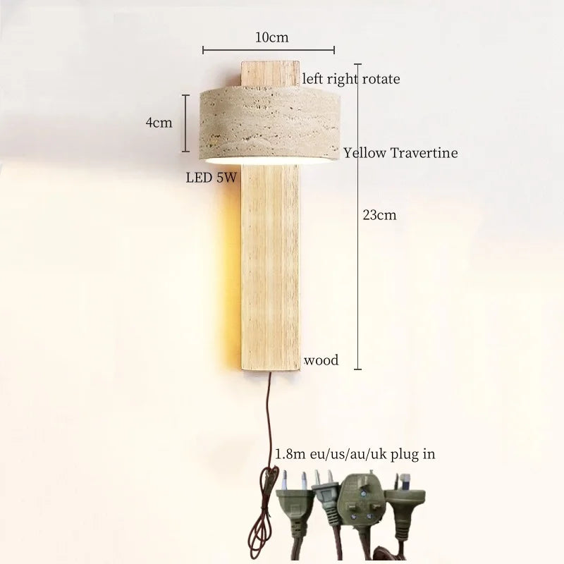 Axyaa Wabi Sabi LED Wall Lamps Wood Yellow Travertine Pull Chain Switch Rotate Bedroom Living Room Lights
