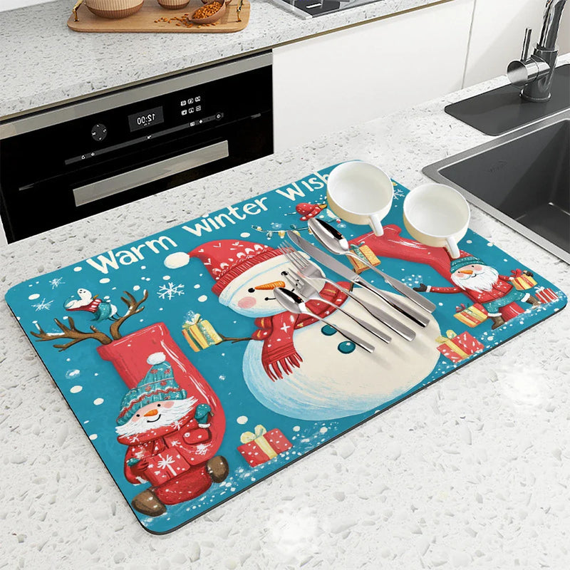Axyaa Christmas Snowman Deer Drying Mat - Festive Kitchen Table Decor