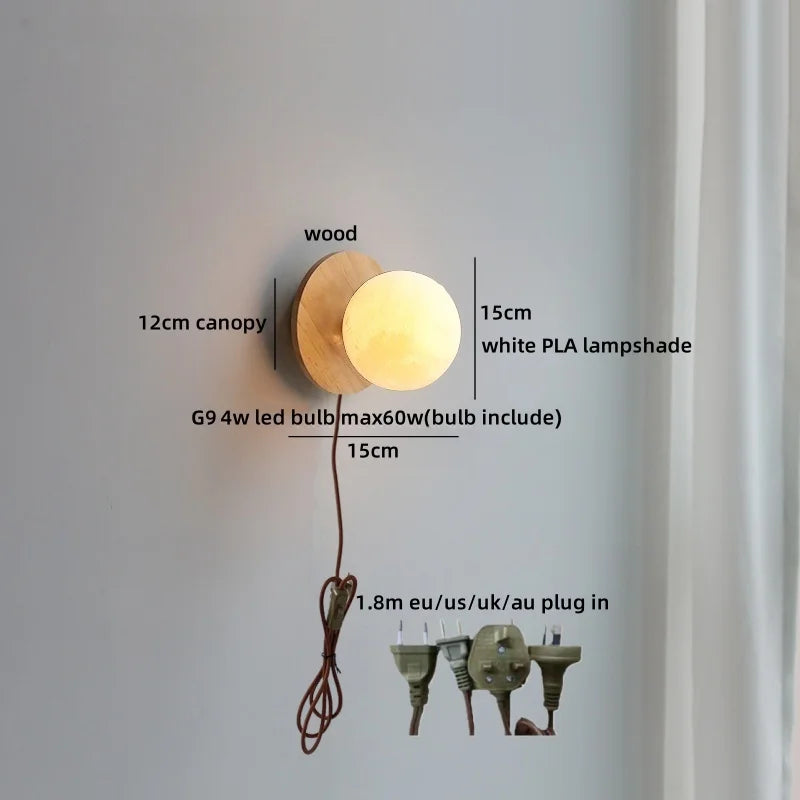 Axyaa Nordic LED Walnut Wood Glass Ball Wall Sconce with Pull Chain Switch