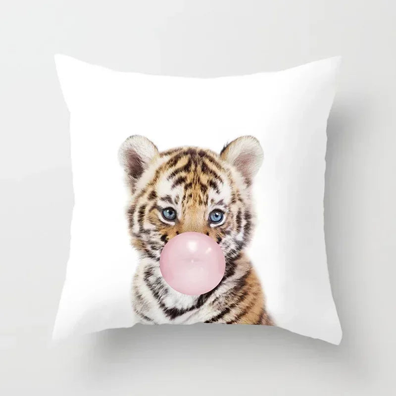 Cute Animals Print Decor Pillowcase by Axyaa - Pink Flower Theme