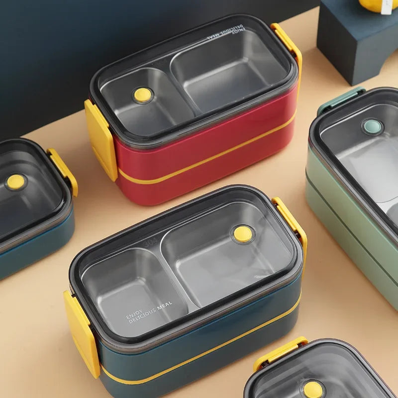 Axyaa Stainless Steel Lunch Box: Portable Microwavable Bento Food Storage, 1/2 Layers Grids