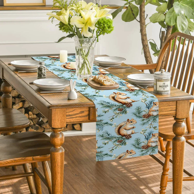 Axyaa Christmas Squirrel Table Runner Pine Cone Decoration Dining Coffee Runners