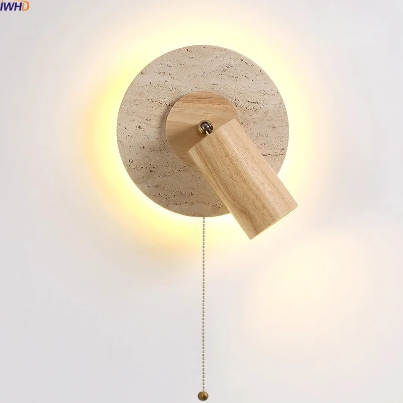 Axyaa Wabi Sabi LED Wall Lamp Yellow Travertine Wood Lampshade, Bathroom Mirror Light