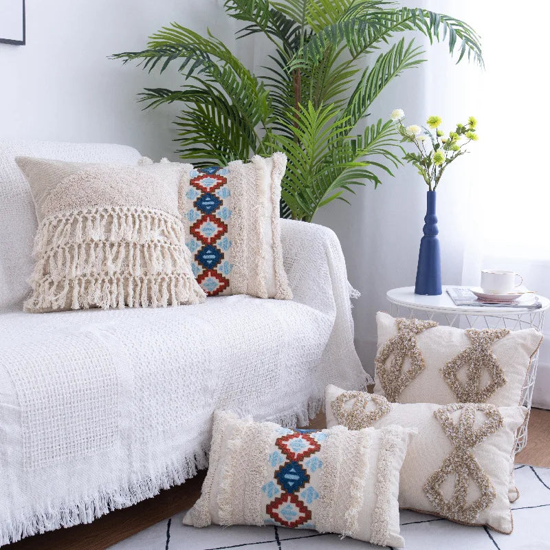 Axyaa Beige Tassels Pillow Case - Tufted Nordic Style Cushion Covers