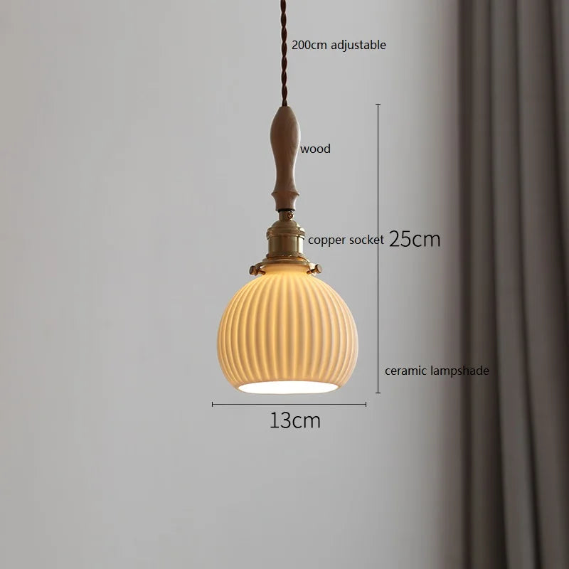 Axyaa Ceramic LED Pendant Light with Wood Copper Socket - 30CM
