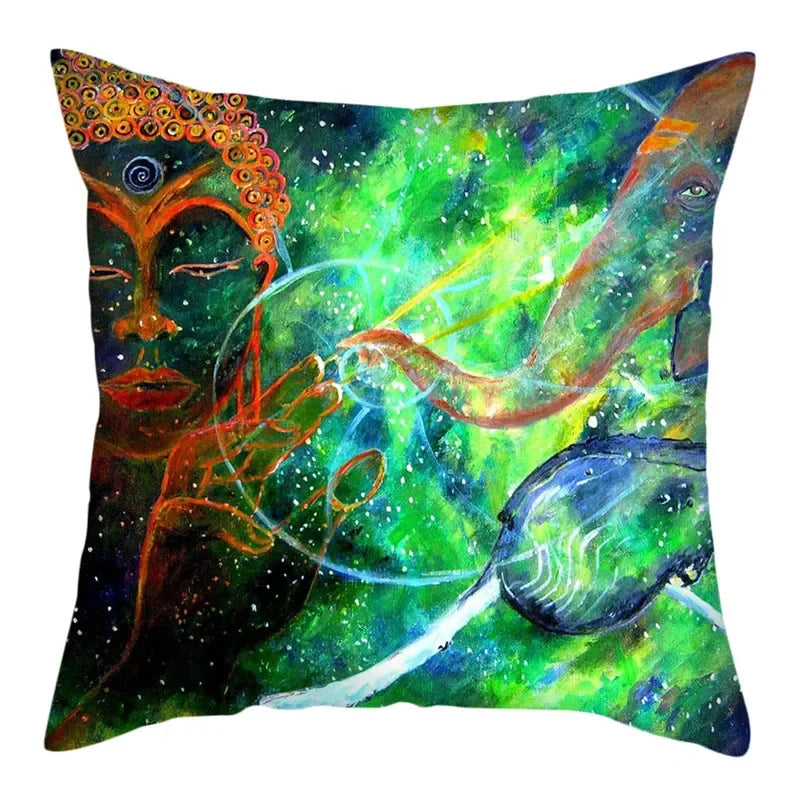 Axyaa Buddha Statue Polyester Cushion Cover for Home Sofa Decor