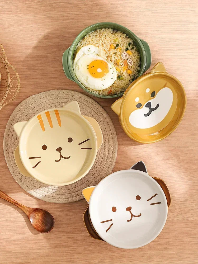 Axya Ceramic Cat Dog Noodle Bowls With Lids - Cute Animal Soup Salad Fruit Bowl