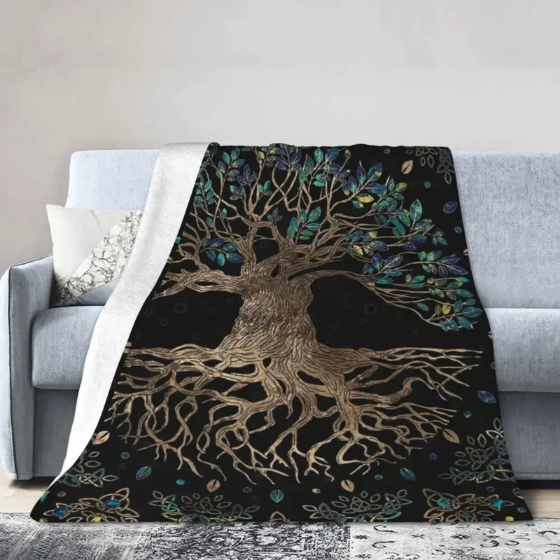 Axyaa Tree Of Life Golden Marble Flannel Throw Blanket