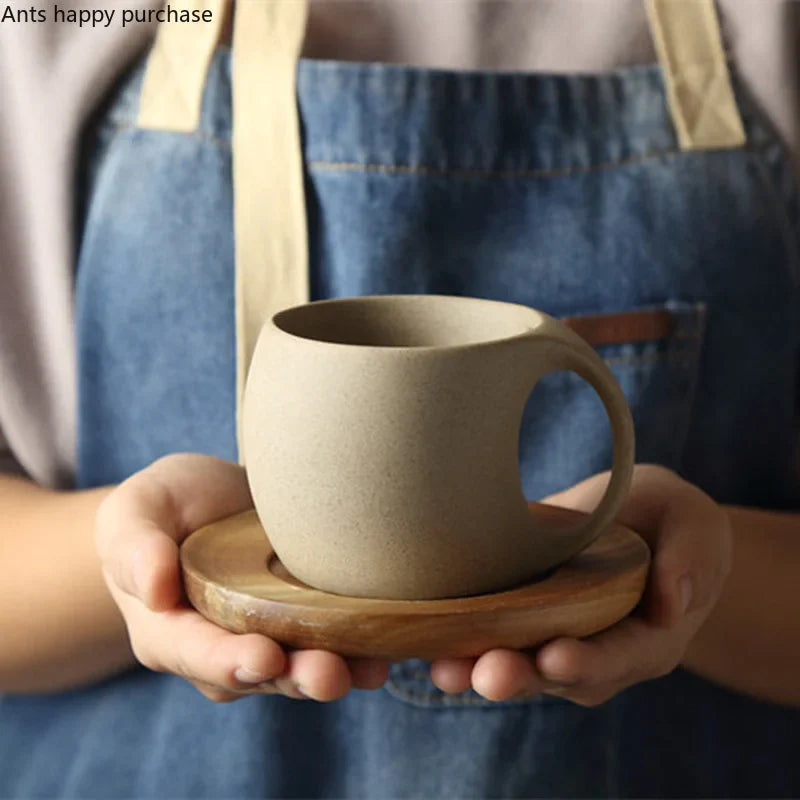 Axya Ceramic Drinkware Set with Wooden Saucer for Cold Kettle Juice and Coffee