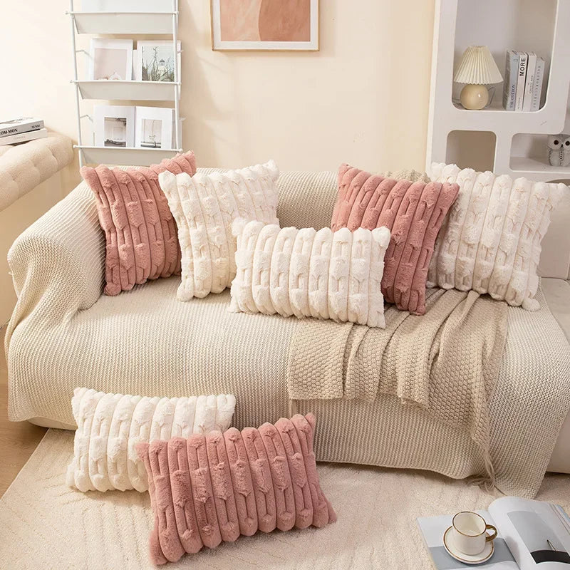 Axyaa Soft Plush Cushion Cover in Pink Ivory for Cozy Home Decor