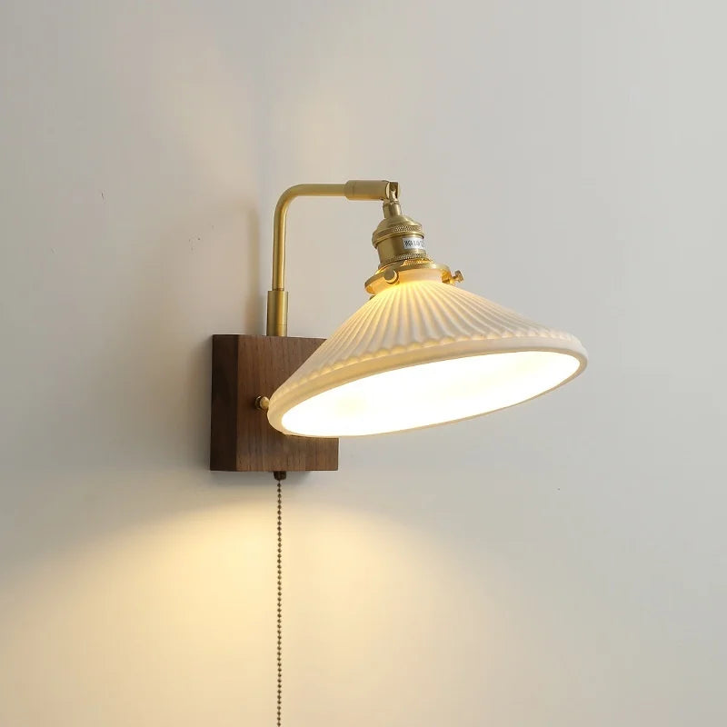 Axyaa Walnut Ceramic LED Wall Lamp with Pull Chain Switch