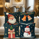 Axyaa Christmas Pillow Covers - Festive Navy Velvet Decor with Santa, Snowman & Bells