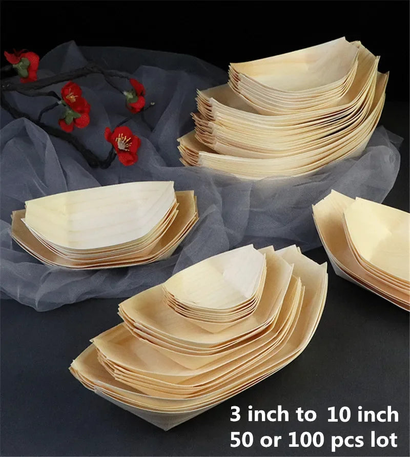 Axya Bamboo Sushi Boat Set - 100pcs Snack Bowl Tray Plate