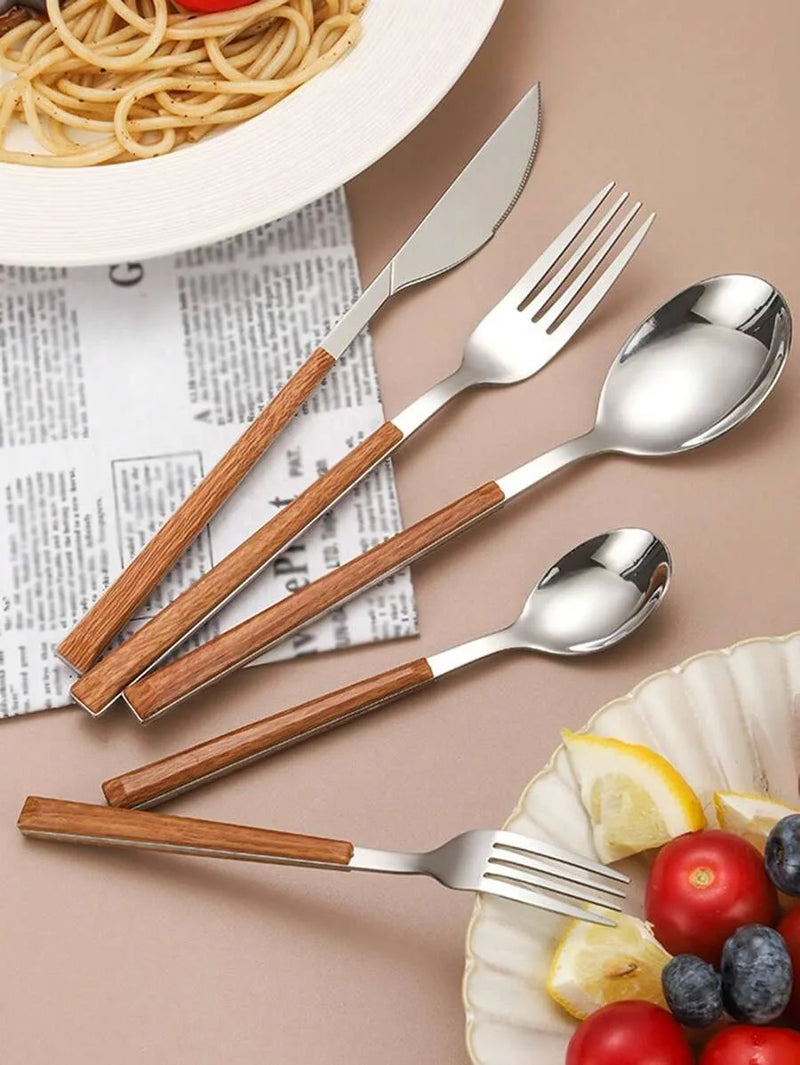 Axyaa Stainless Steel Cutlery Set with Imitation Wood Handles for Home, Hotel, Party