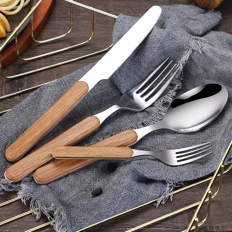 Axyaa Stainless Steel Cutlery Set with Wooden Handle - Western Dinnerware Gift