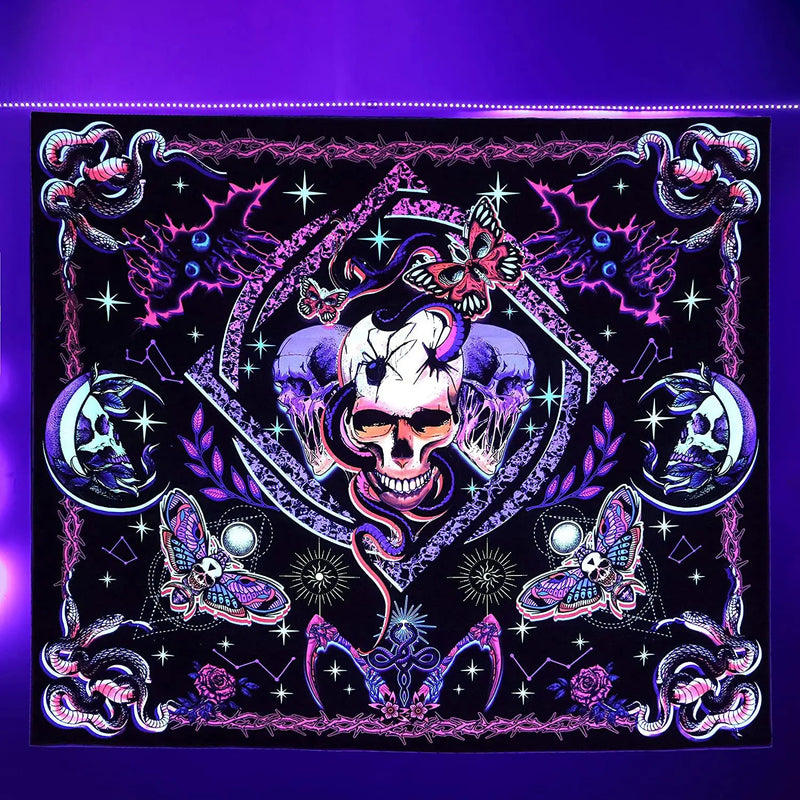 Axyaa Psychedelic Skull Head UV Reactive Tapestry Wall Hanging